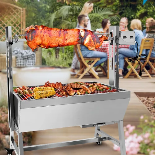 Miniatura 8 de Parrilla eléctrica con espetón de 37 pulgadas, soporte para asar cerdo y cordero con capacidad de 132 libras con altura ajustable, kit de parrilla