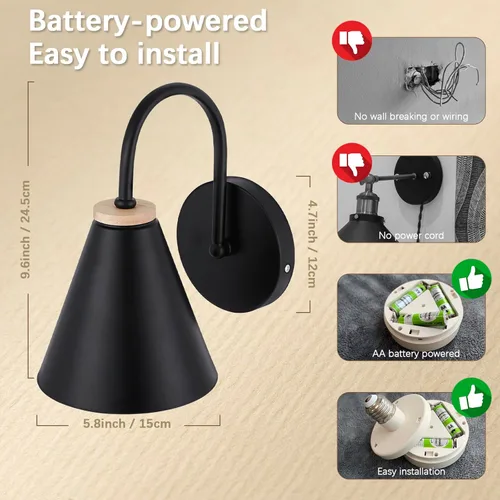 Miniatura 2 de Juego de dos apliques de pared industriales de madera sintética negra con pilas, fácil de instalar, sin cables, bombilla LED regulable con control