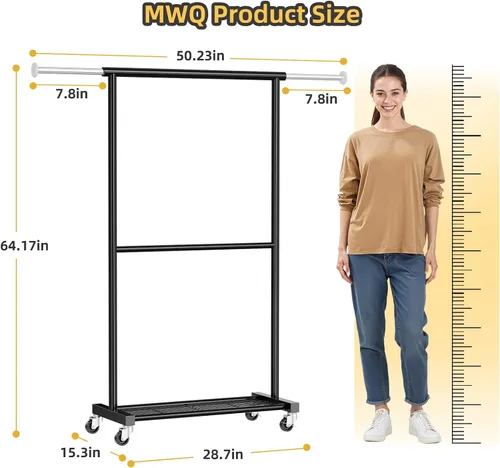 Miniatura 3 de Perchero de ropa estándar, 50 pulgadas de largo, con estantes de malla sobre ruedas, estante de armario portátil ajustable para dormitorio, cuarto