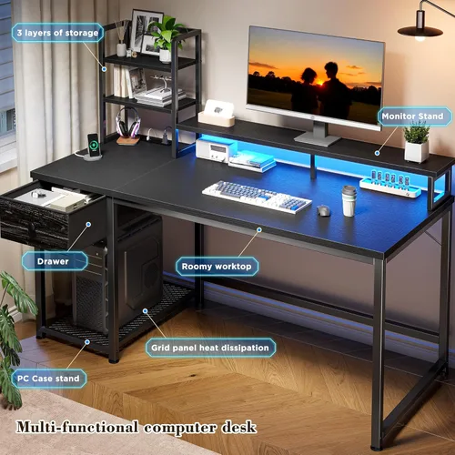 Miniatura 5 de Escritorio para juegos de 44 pulgadas con gabinete y cajones, escritorio reversible para computadora con estante para monitor, escritorios