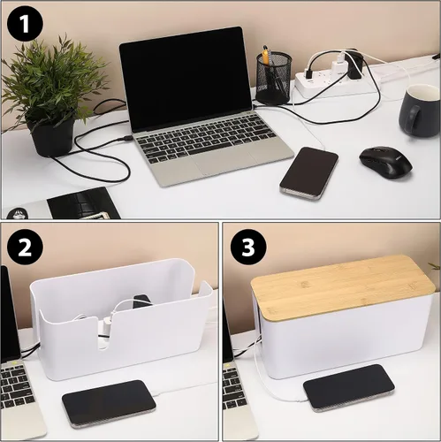 Miniatura 7 de ZhiYo Caja Organizadora de Cables con Tapa de Bambú, Caja de Gestión de Cables ABS Segura para TV y Computadora, Cubierta de Madera Ocultador