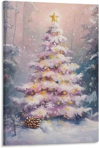 Arte De Pared En Lienzo Para Árbol De Navidad Rosa, Árbol Nevado Rosa Con Estrella Para Decoración Navideña, Impresión De Árboles De Navidad Pastel
