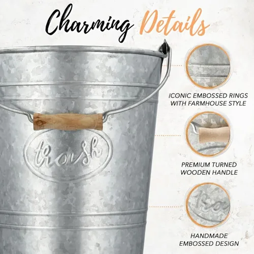Miniatura 3 de Autumn Alley - Bote de basura galvanizado Cesta de basura de baño pequeña Anillos en relieve, su etiqueta ovalada y el mango de madera torneada