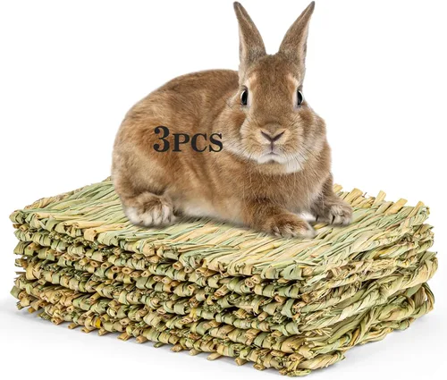 Sukh - 3 alfombrillas de hierba de conejo, tejido de heno natural, conejo, malas jaulas, ropa de cama para mascotas, anidación para dormir, juguetes