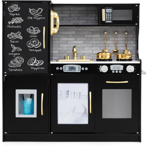 HONEY JOY Juego de Cocina para Niños, Conjunto de Cocina de Juguete de Madera Pequeño Chef de Simulación con Pizarra, Teléfono, Utensilios, Horno,