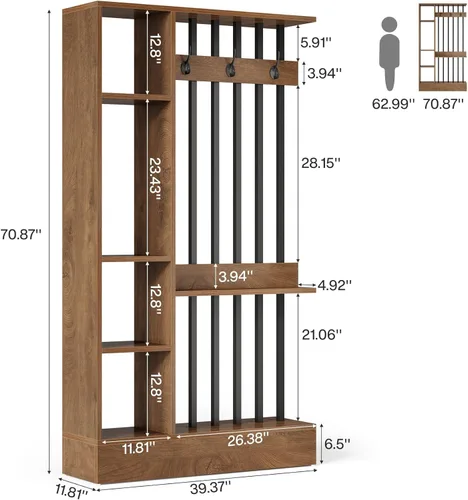 Miniatura 7 de Tribesigns Divisor de pared de habitación, estantería independiente de madera con estantes y ganchos para abrigos, partición de pared moderna de 71