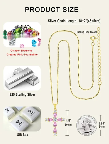 Miniatura 14 de YL Collar de cruz de plata de ley 925 con colgante de piedra natal religiosa para mujer