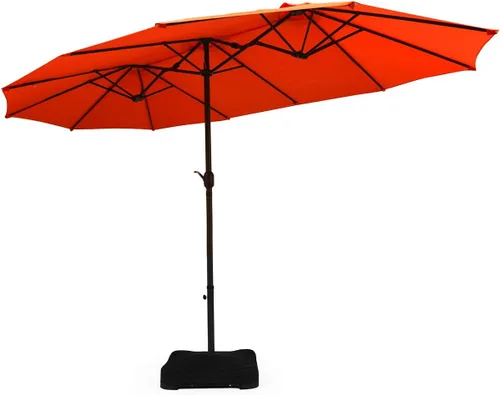 Tangkula Paraguas de doble cara para patio de 15 pies con base, sombrilla de mesa individual extragrande para exteriores con manivela Naranja