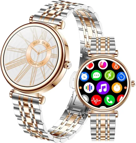 Miniatura 10 de Reloj para mujer, pantalla AMOLED HD de 1.25 pulgadas, reloj inteligente para mujer, rastreador de actividad física con monitor de frecuencia Dorado