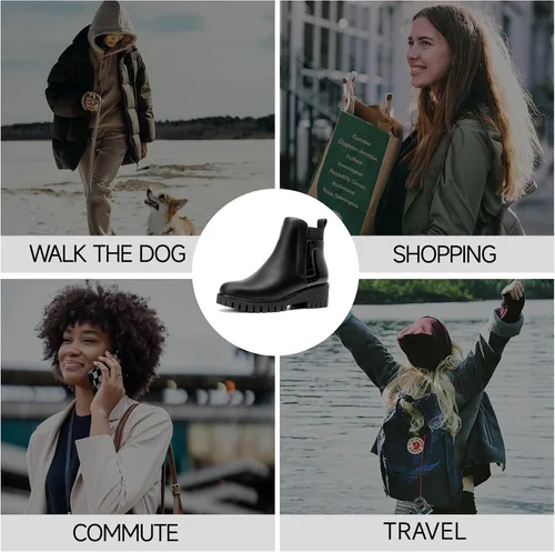 Miniatura 6 de CentroPoint Botas de tobillo Chelsea con plataforma de moda para mujer, suela de lengüeta, botas de combate, punta redonda, zapatos de invierno