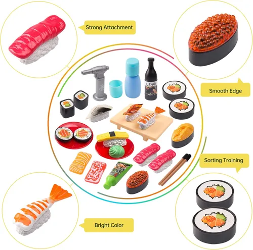 Miniatura 6 de Funpynani - Juego de comida de simulación para cortar sushi, 34 piezas, juguetes de alimentos de simulación con luz LED que cambia
