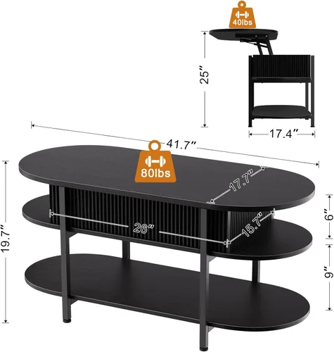 Miniatura 2 de FABATO - Mesa de centro oval de 41.7" con parte superior elevable, mesa central de madera estriada con almacenamiento oculto, mesas pequeñas de 3