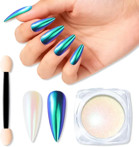 Polvo de uñas cromado de tamaño de prueba para arte de uñas, 0.01 oz, 1 tarro de pigmento holográfico de sirena para polvo de inmersión, uñas