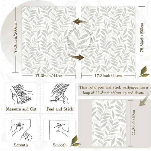 Miniatura 3 de Papel tapiz de hojas para despegar y pegar, bohemio, 17.3 x 78.8 pulgadas, color beige y blanco, papel tapiz autoadhesivo extraíble para baño