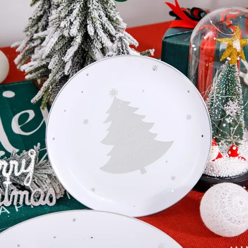 Miniatura 4 de WDF 50 platos de plástico plateados, platos de plástico de Navidad con árbol de Navidad, platos desechables blancos y plateados resistentes