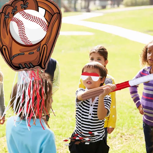 Miniatura 5 de Piñata de béisbol con bate con los ojos vendados para fiesta de cumpleaños, softbol, papel, piñata, pelotas deportivas, suministros de confeti