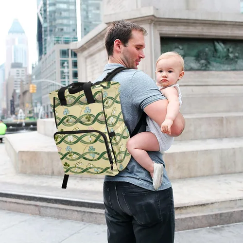 Miniatura 7 de Floral Pattern Diaper Bag Backpack, Multi-Pocket Nylon Tote with Shamrock Design, 11x6x15 Inches, Cream and Green, for Travel and Baby Care