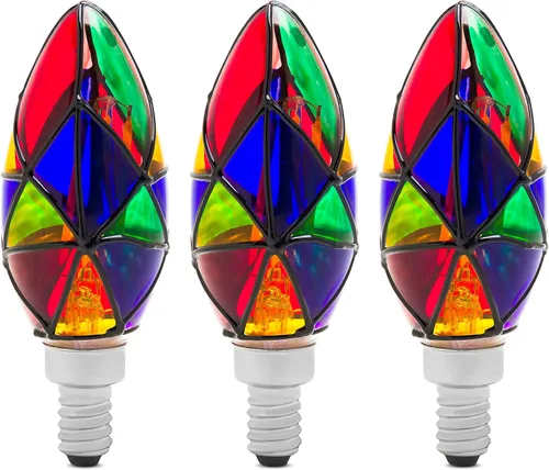Paquete de 3 Bombillas LED de Vidrio Emplomado E12 LED de 2W (Equivalente a 25W) Base de Candelabro Luz Nocturna Pintada Bombilla de Mosaico para