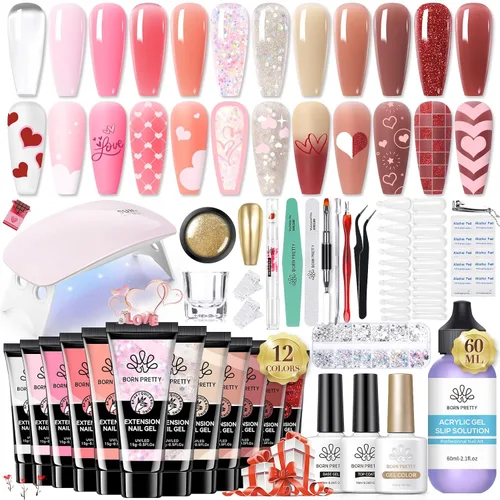 BORN PRETTY Kit de Gel de Extensión Poli - Kit de Gel de Extensión de Uñas de 12 Colores Nude Transparente Rosa Gelatina Kit Todo-En-1 Gel