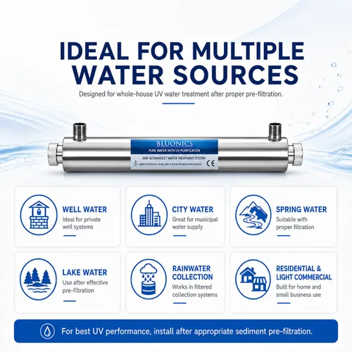 Miniatura 7 de Sistema de filtro de agua UV para toda la casa 12 GPM - Luz UV de acero inoxidable de 55 W - Indicador LED y alarma - Purificador UV de agua de pozo