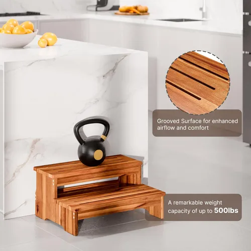 Miniatura 3 de TINAMO Taburete de 25 pulgadas de largo para adultos y niños, taburete de dos escalones de madera de acacia, 500 libras, elevador de madera de 2