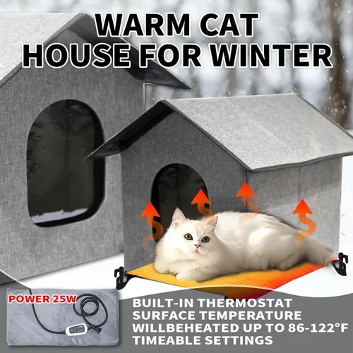 Miniatura 3 de Casa climatizada para gatos para exteriores, resistente a la intemperie y aislada, plegable, refugio cálido para gatos con bola de cascabel y luz