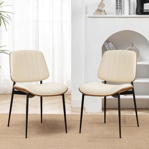 Miniatura 4 de LUNLING Sillas de comedor modernas de mediados de siglo, silla retro beige de piel sintética con asiento tapizado de madera curvada de nogal, patas