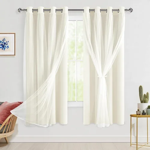 Miniatura 86 de Hiasan Cortinas opacas con superposición transparente, aislamiento térmico para mezclar y combinar de doble capa, cortinas de oscurecimiento de Beige