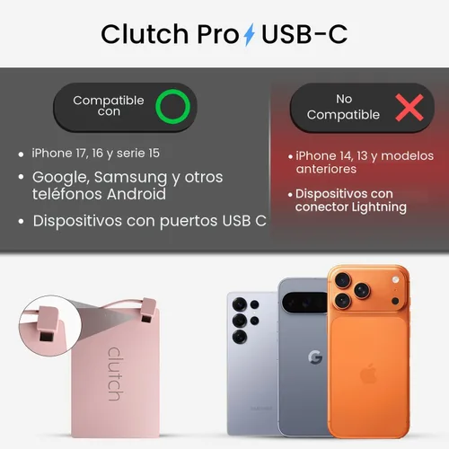 Clutch - Cargador portátil Pro USB-C - Compatible con iPhone 15, 16, 17 y dispositivos Android - Batería magnética de banco de energía - Aprobado