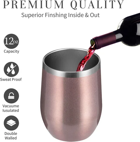 Miniatura 2 de Meway - Vaso de vino con tapa de 12 onzas, sin tallo, doble pared, al vacío, de acero inoxidable, para viajes, mantiene el frío y el calor, para Oro