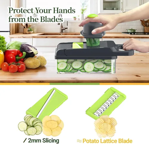 Miniatura 3 de StoreHappily Picador de verduras 12 en 1, picador de verduras de 7 cuchillas con recipiente y tapa, cortador, rebanador, utensilios de cocina Verde