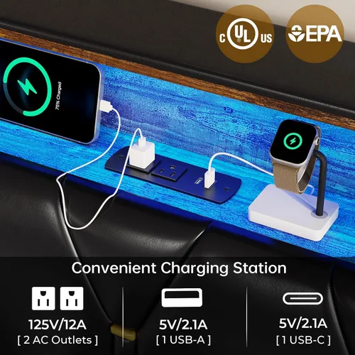Miniatura 4 de BTHFST Marco de cama tamaño completo con luces LED y estación de carga, marco de cama LED tamaño completo con almacenamiento de cabecero, cama