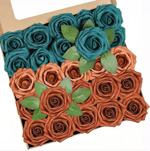 Miniatura 19 de Flores artificiales, 25 piezas, rosa artificial azul bebé para ramos de boda, centros de mesa, arreglos, flor falsa con tallos para decoración