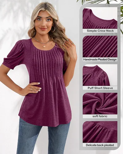 Miniatura 3 de Ficerd Blusa plisada de manga corta abombada para mujer, cuello redondo, elegante, casual, holgada, para primavera y verano