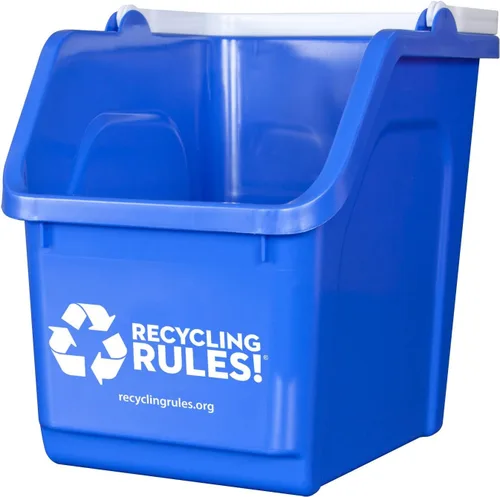 ¡Reglas de reciclaje! Contenedor de papelera de reciclaje apilable de 6 galones en azul, reciclador práctico libre de BPA ecológico con asa