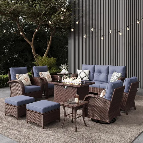 Miniatura 36 de LayinSun - Juego de 10 piezas de muebles seccionales de patio para el aire libre con mesa para fogata, juegos de sillas giratorias reclinables
