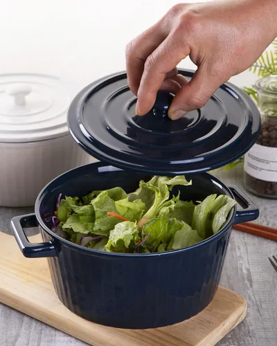 Miniatura 7 de WHJY Cacerola de cerámica azul colorida con tapa, cacerola de cerámica de 1 cuarto para hornear al horno