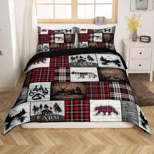 Miniatura 22 de Funda de edredón rústica tamaño Queen, juego de ropa de cama retro para cabaña de cabaña, oso de caza, ciervo, hojas de arce, funda de edredón