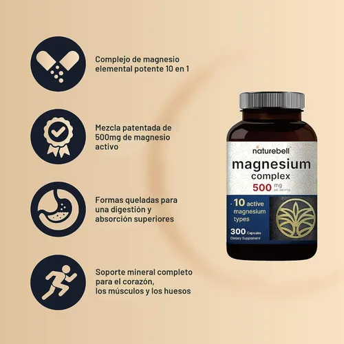 Miniatura 3 de NatureBell - Suplemento complejo de magnesio de 500 mg, 300 cápsulas, 10 formas activas, glicinato, citrato, taurato y más, 100 % quelado
