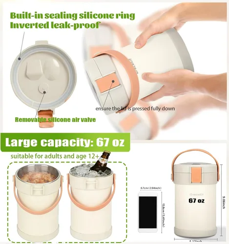 Miniatura 5 de Audult - Contenedor térmico de alimentos calientes de 67 onzas, contenedor de alimentos aislado de acero inoxidable de 2 litros de 3 capas, termo