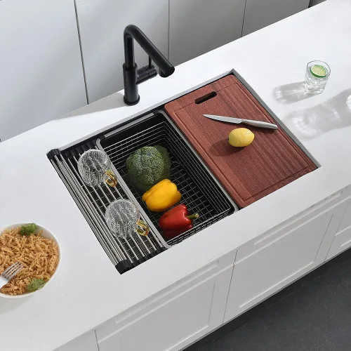 Miniatura 6 de Fregadero de cocina de montaje inferior negro 27 x 19 x 10 pulgadas, fregadero de acero inoxidable negro calibre 16, estación de trabajo debajo