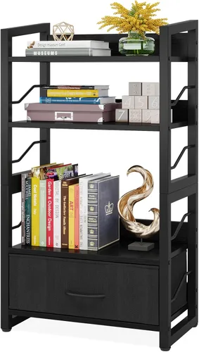 Miniatura 8 de Hosfais Estantería pequeña para libros, estantería de madera de 3 niveles, estantería industrial, estantería estrecha de metal, organizador