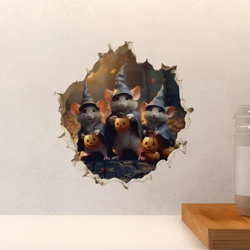 Miniatura 5 de Trick or Treat Witch Mice in Mouse Hole Calcomanía de pared 3D con agujero de ratón