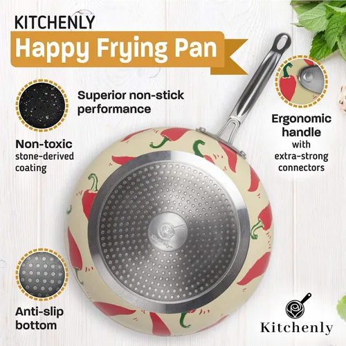 Miniatura 7 de KITCHENLY™ Happy - Sartén y tapa antiadherente, sartén antiadherente profunda, utensilios de cocina de piedra, compatible con horno, eléctrico, gas