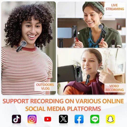 Miniatura 7 de Micrófono Lavalier inalámbrico 3 en 1 para iPhone, iPad, Android, cámara, paquete de 2 mini micrófonos profesionales con pantalla LED, clip