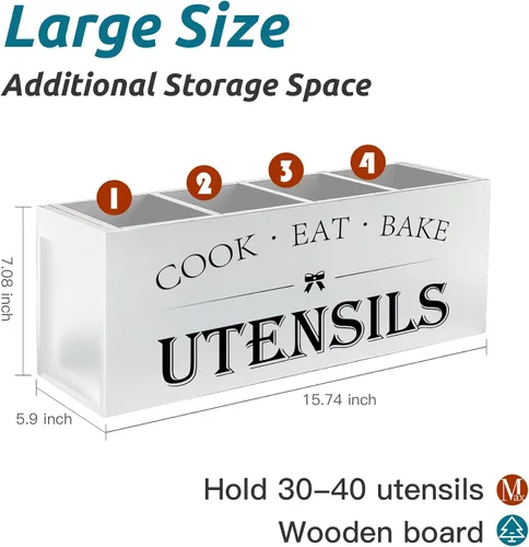 Miniatura 2 de Suli Soporte extra grande para utensilios de cocina con 4 compartimentos, organizador de utensilios de madera para encimera, decoración de cocina