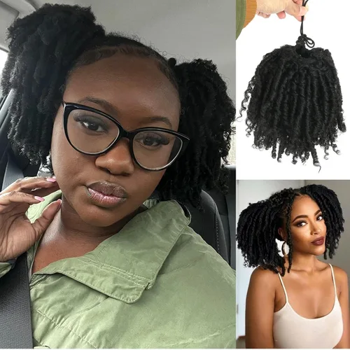 Miniatura 2 de Oseti Dreadlock - Cola de caballo rizada negra con cordón para mujeres negras, accesorios de moño de pétalos cortos con clip en colas de caballo