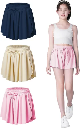 Pantalones cortos fluidos con diseño de mariposa para niñas, pantalones cortos deportivos para niños pequeños y jóvenes con forro 2 en 1 para