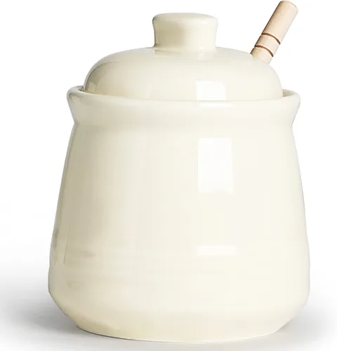 LEETOYI Tarro de miel de porcelana con tapa y cuchara de miel, olla de miel de cerámica, 12 onzas (beige)