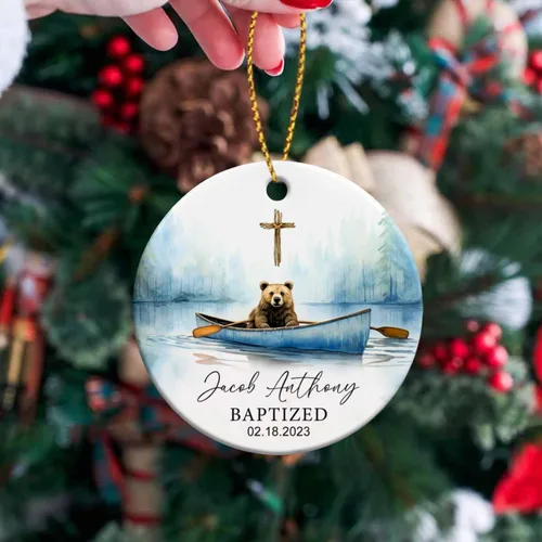 Miniatura 4 de Adorno de cerámica de bautizo bautizado con oso, recuerdo de bautizo personalizado de animales, adorno de bautismo personalizado de Dios bendiga